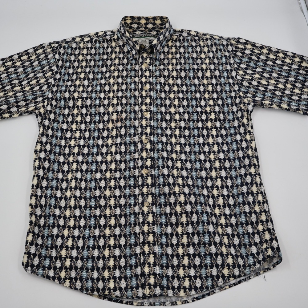 Munsingwear Golf Classics Shirt Mens Medium Navy Blue Diamond Geometric Print